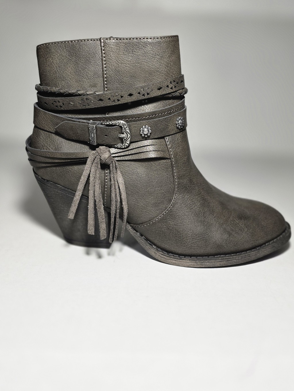 Pop Size 8 Gray Wedge Ankle Boots With Tassel And Strap Detail